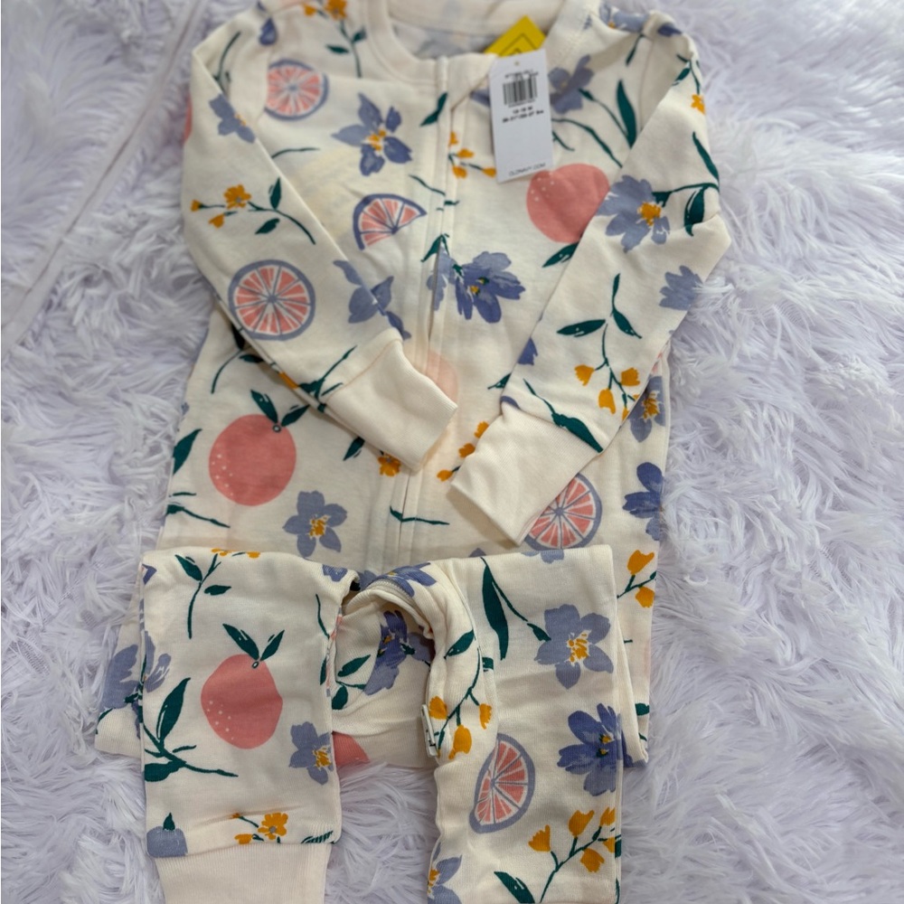 Cream Floral & Pink Citrus Kids Pajamas - Zipper Footless Sleepsuit